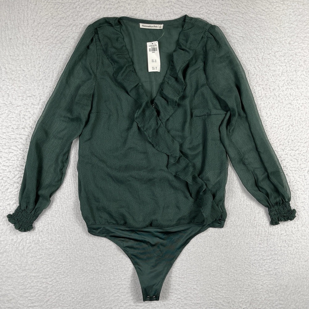 Abercrombie & Fitch Bodysuit Women Large Green Ruffle Wrap Polka Dot Long Sleeve